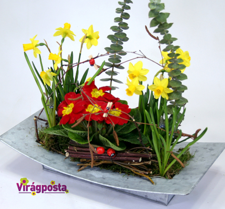 Virágposta - Nárcisz és primula modern fém tálon