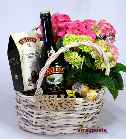 Virágposta - Ajándékkosár hortenziával és Bailey's-szel