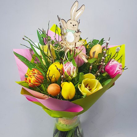 Virágposta - Szia Nyuszi! - tavaszi csokor tulipánokkal, barkával és nyuszival