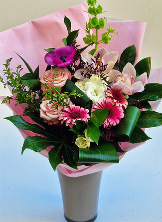 Virágposta - Rózsaszín csokor orchideákkal és rózsákkal