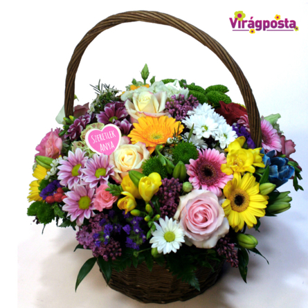 Virágposta - Szivárványos virágkosár, rózsákkal